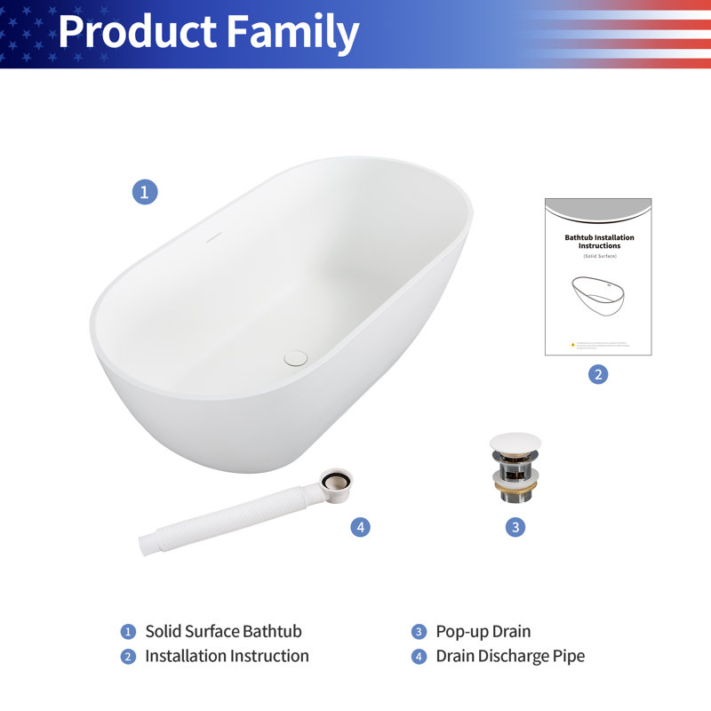 59 x 29.5 Freestanding Bathtub, Oval Shaped Stone Resin Freestanding Tubs, Solid Surface Matte White Soaking Tub with Overflow and Pop-up Drain