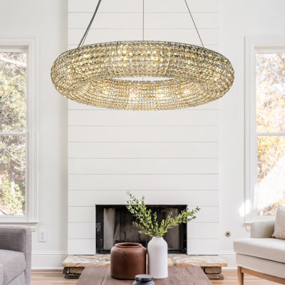 Unique/Statement Soft Gold Wagon Wheel 32 inch Chandelier With Crystal Beads Accents