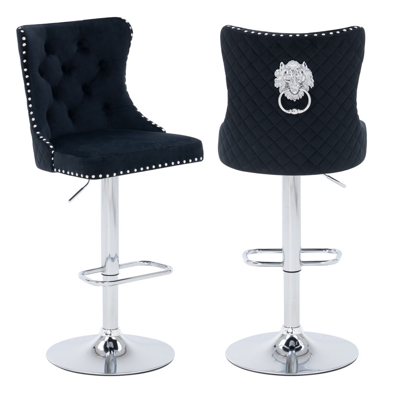 Swivel Upholstered Adjustable Height Counter Stool with Metal Frame, Black, Silver