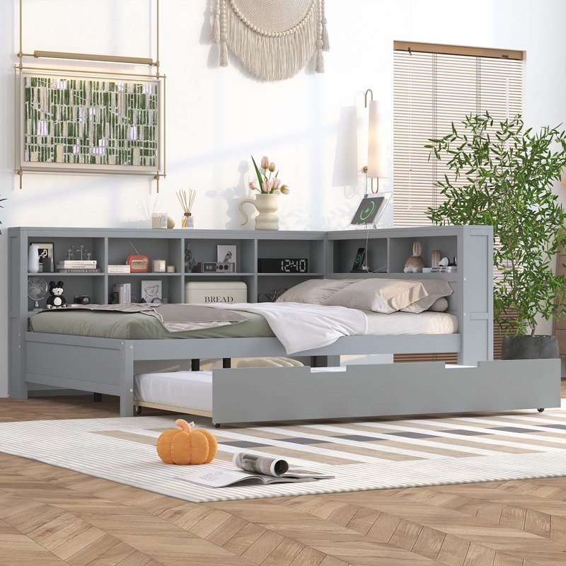 Wooden Daybed With Twin Size Trundle,Daybed With Storage Shelf And USB Charging Ports, Full/Double, Gray