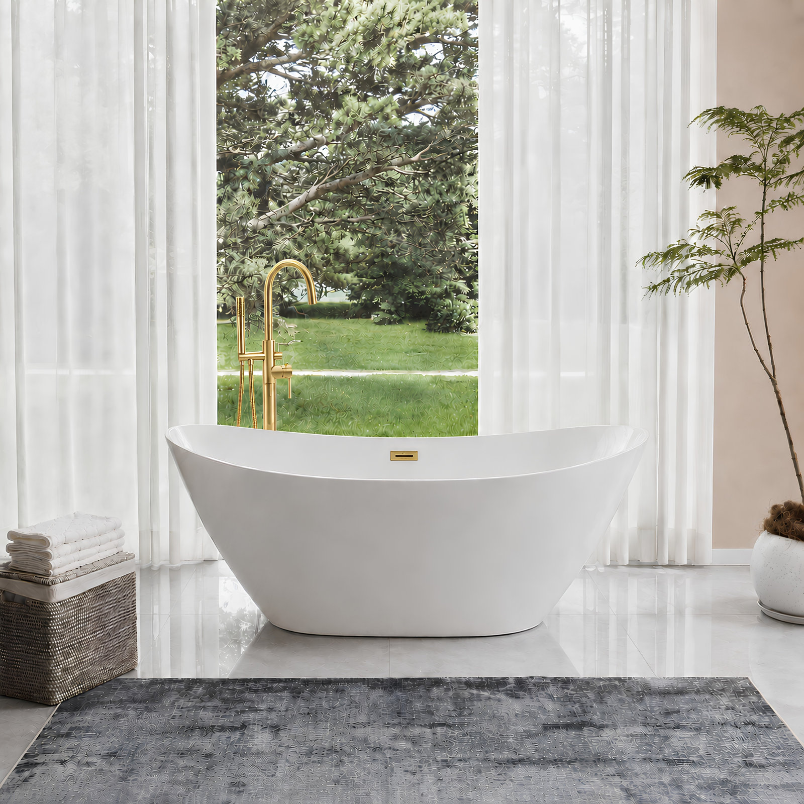 Ophelia 71" Freestanding Soaking Acrylic Bathtub, 59", White/Titanium Gold