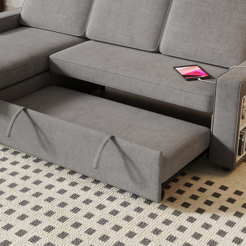 Lulla 85.11" Pull Out Sleeper L-Shaped Sofa with Storage Chaise, Dark Grey