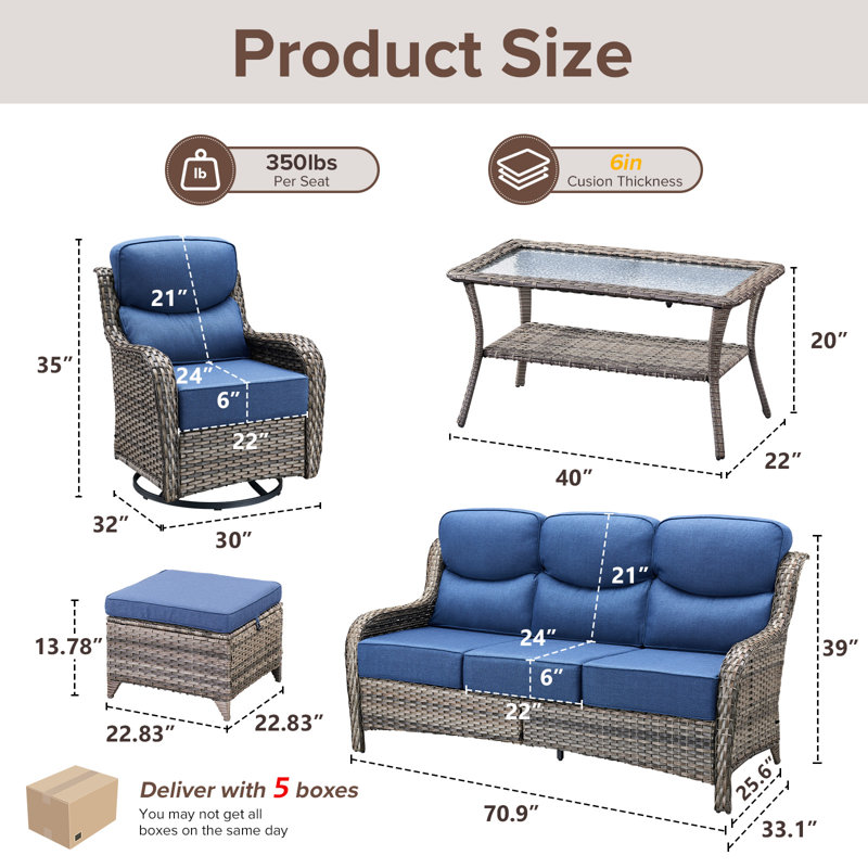  8-Piece Patio Furniture Set With Swivel Glider Chairs, 6-Inch Ultra-Plush Cushions & Water-Resistant Olefin Fabric, Blue