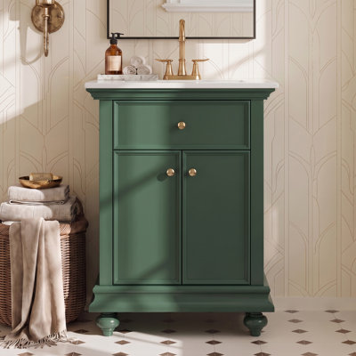 Meuble-lavabo moderne de 24 po avec tiroir rabattable, vert, rangement étagé et personnalisé, structure à dossier ouvert et pieds tournés en boule, fonctionnement silencieux