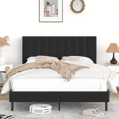 Platform Bed Frame with Tufted Upholstered Headboard & Solid Wood Bed Legs -  Flolinda, 814-1-Queen-Black