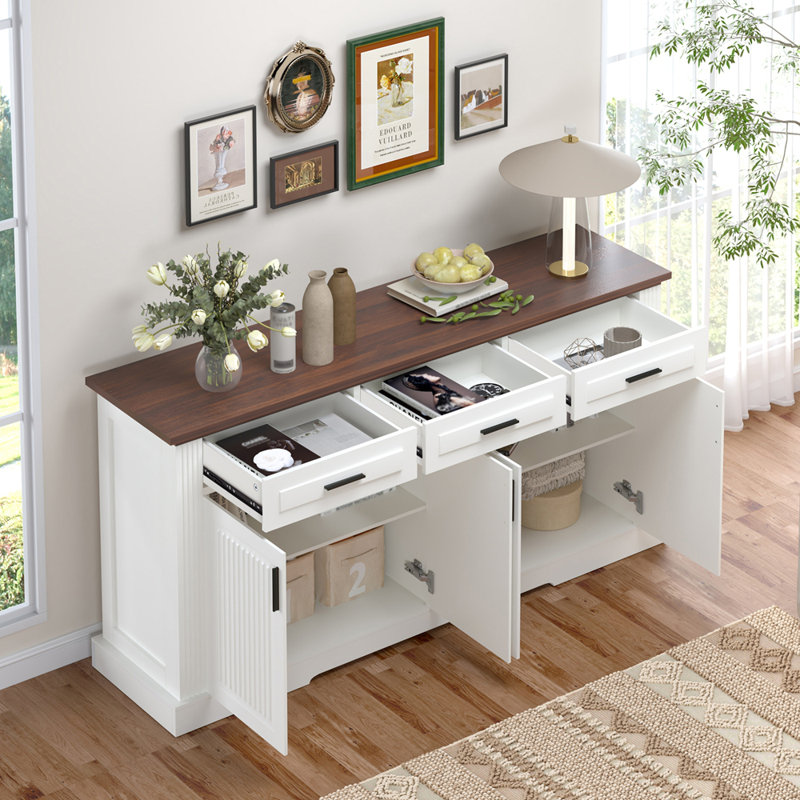 Buffet cannelé avec rangement, Blanc