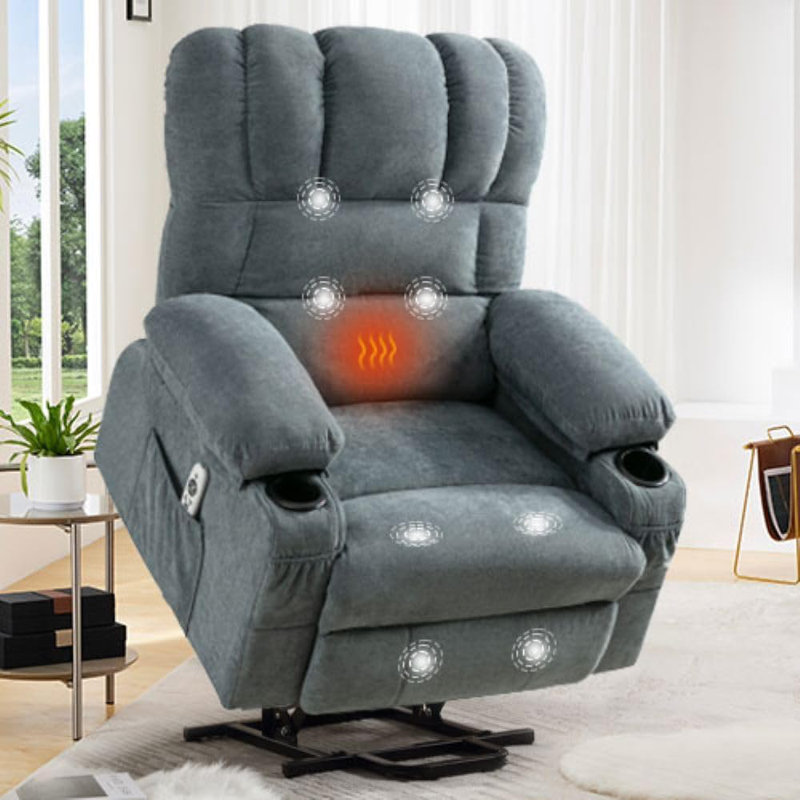 Fauteuil inclinable, inclinable et pivotant avec massage, massage vibrant et chauffant avec poche latérale, 2 porte-gobelets, port de charge USB