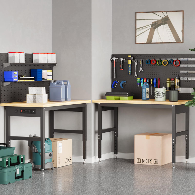 Établi de garage avec panneau perforé, hauteur réglable de 28 à 40 po, capacité de charge de 2 200 lb, table de rangement pour les projets de bricolage