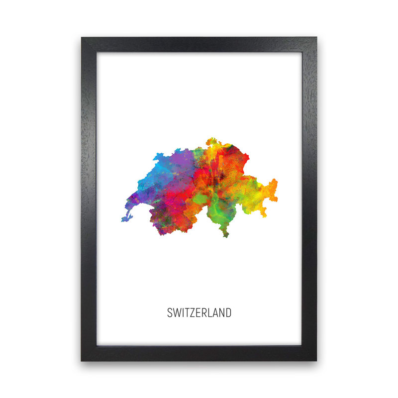 Switzerland Watercolour Map by Michael Tompsett - Print, 34cm H x 25cm W x 3cm D, Black Framed