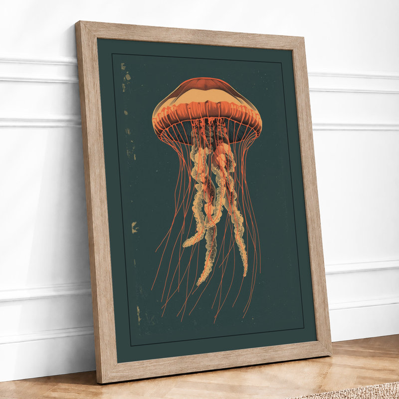 Luminous Jellyfish Coastal - Framed Print, A2 - 59.4 x 42.0 cm, Oak