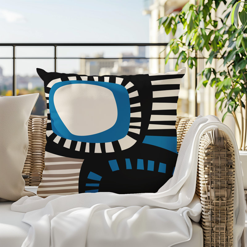 Oreiller carré réversible intérieur / extérieur Alika, Turquoise / noir / blanc cassé abstrait, H 15 po x l 15 po