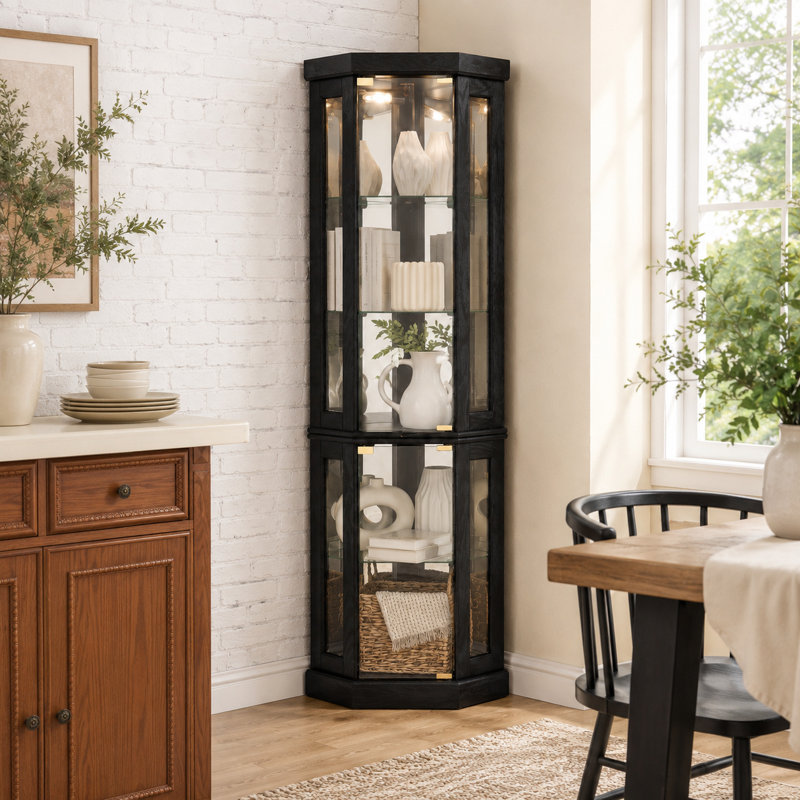 Vitrine de coin lumineuse classique avec tablettes réglables en verre, noir, Noir