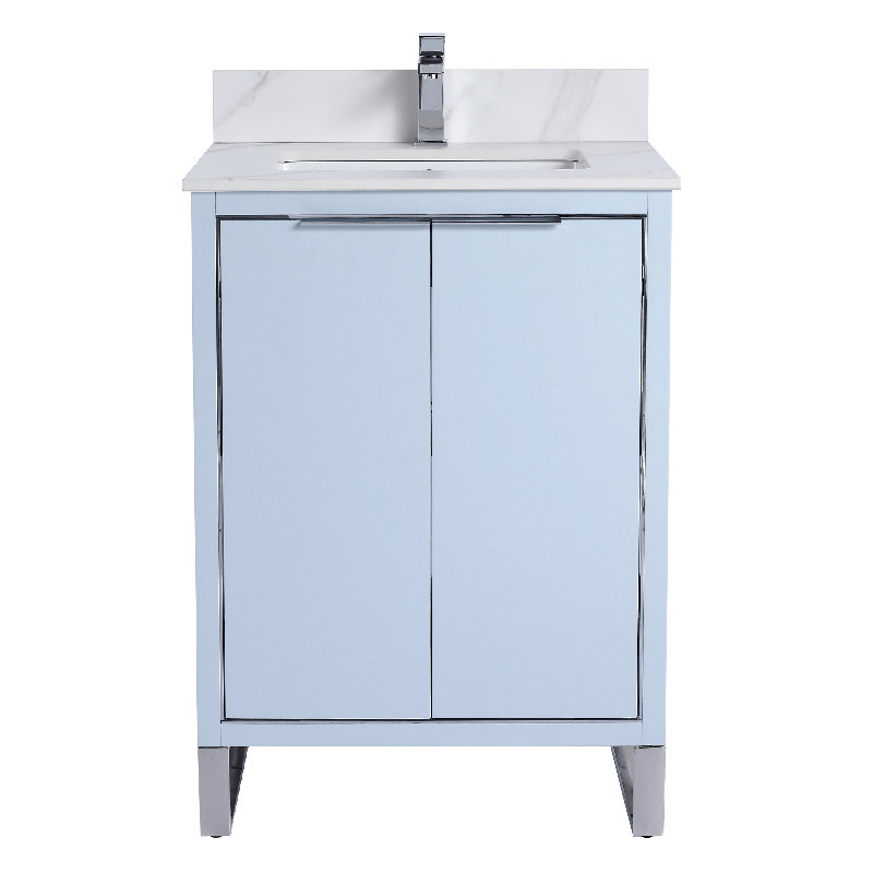 Meuble-lavabo simple autoportant de 24 po avec plateau en pierre Minday, Chrome, Bleu pastel