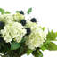 Arrangement floral d'hortensias et de chardons dans un vase en verre rectangulaire