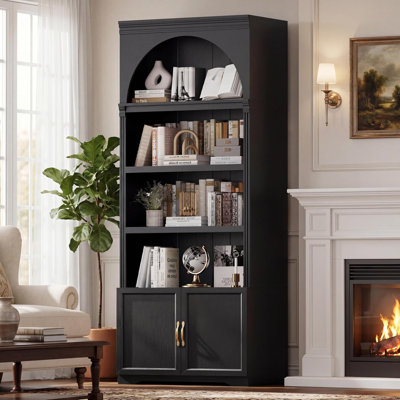 81.2" Tall Arched Bookcase, 6-Tier Farmhouse Book Shelf With Doors, Freestanding Arched Storage Cabinet For Living Room, Home Office, Black