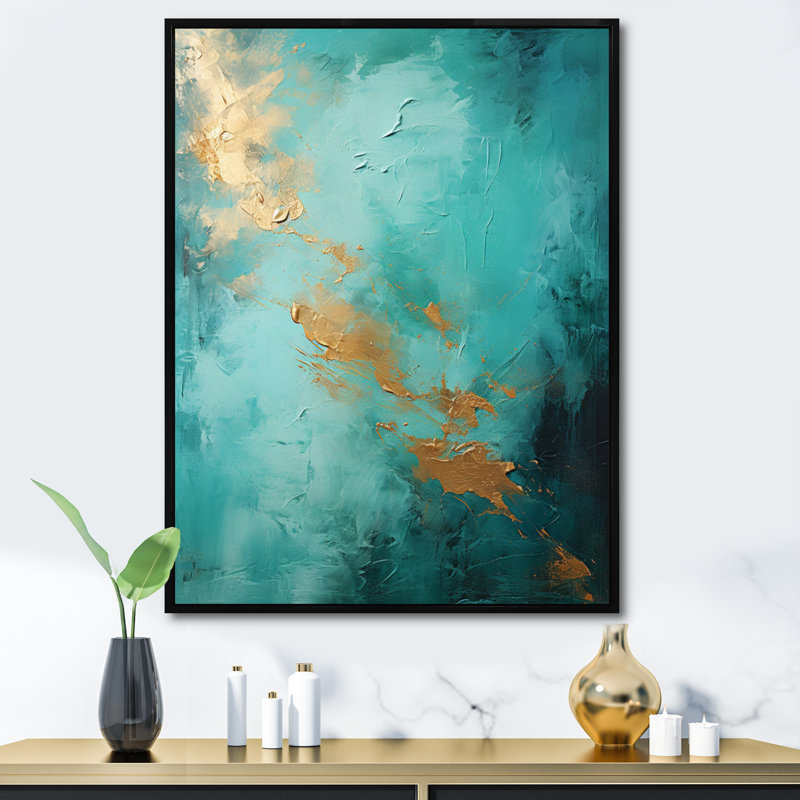 Jaivien turquoise tranquillité VI - paysages abstraits, art mural, H 32 po x l 16 po, Cadre flottant noir