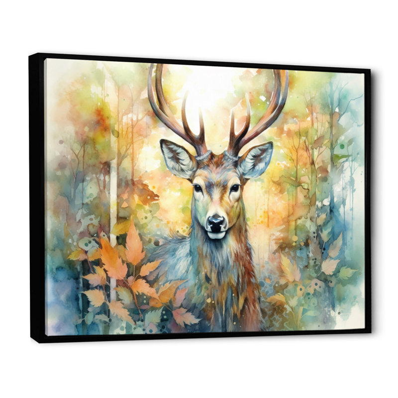 Deer Wonderers I - art mural cerf, Cadre flottant noir, H 24 po x l 32 po x P 1 po
