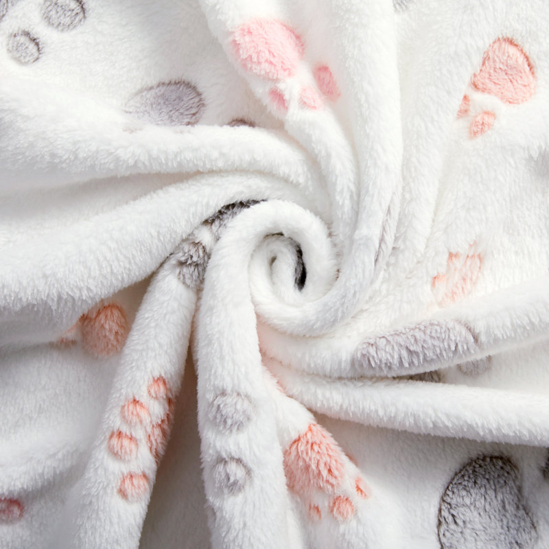 White and Beige Flannel Fleece Pet Blanket with Paw Prints, 32 x 24 Inches