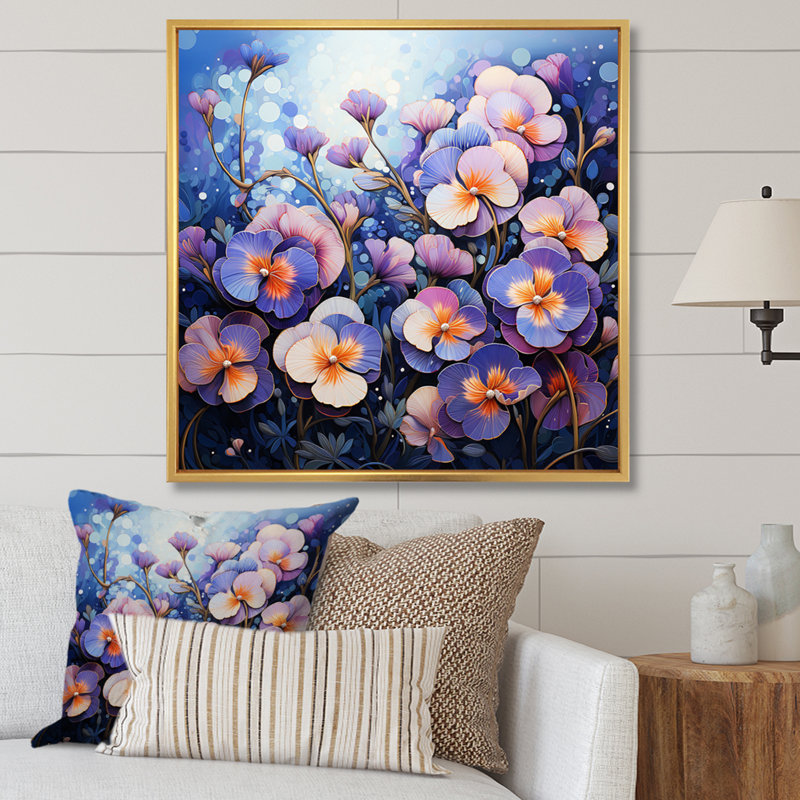 Purple Pansies Field Pointillism Dot II - Floral Canvas Wall Art, H 30 po x l 30 po x P 1 po, Cadre flottant doré