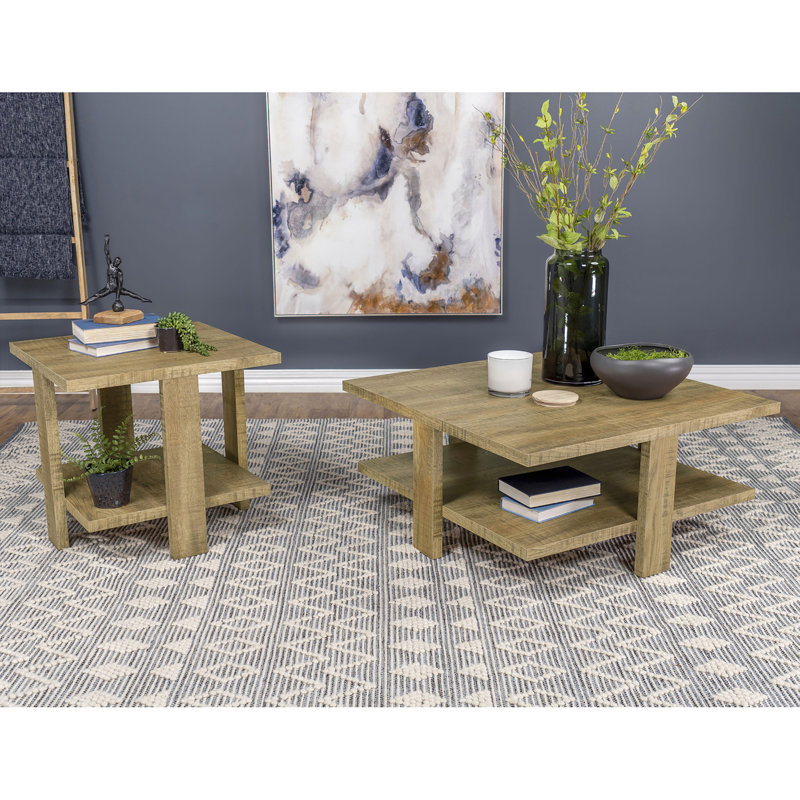 Table basse et de bout carrée deux pièces, finition manguier, bois d'ingénierie, table de rangement ouverte de style rustique, bois franc d'aspect, pieds larges pour le soutien