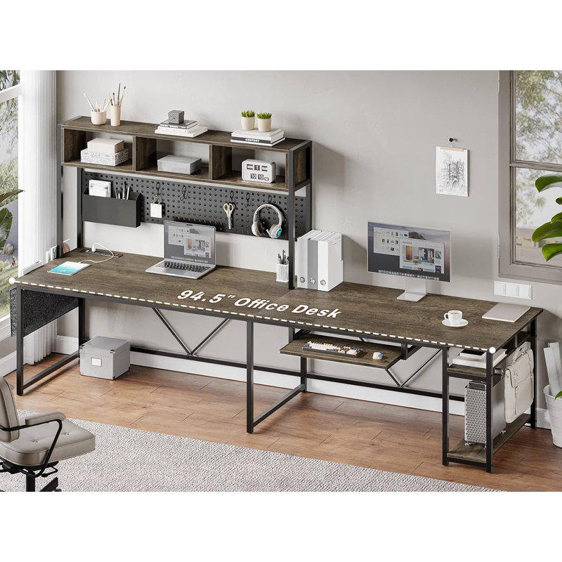 Truet L-Shaped Metal Base Computer Desk with Power Outlet, Walnut Brown/Black