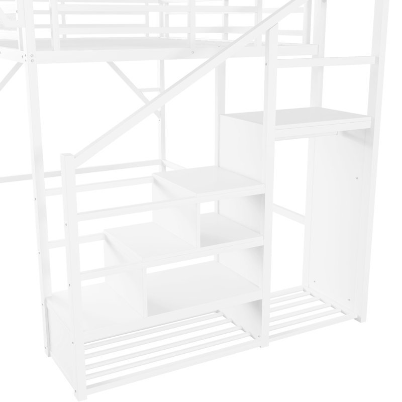 Lit mezzanine en métal avec escalier, rangement et garde-robe encastré en métal, blanc, conception stable, capacité de poids de 400 lb, sous la surface de 54,3 po pour les petites chambres de grande taille, support de tablettes, espace polyvalent