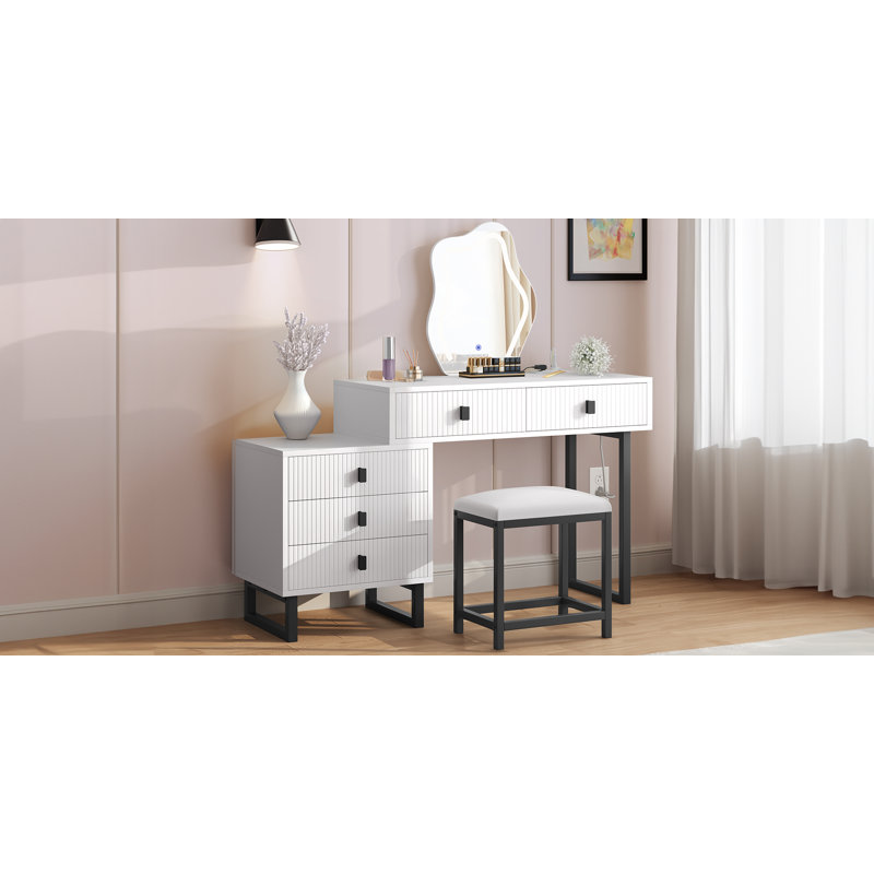 Expandable Cloud Vanity with Lighted Mirror and Stool, White