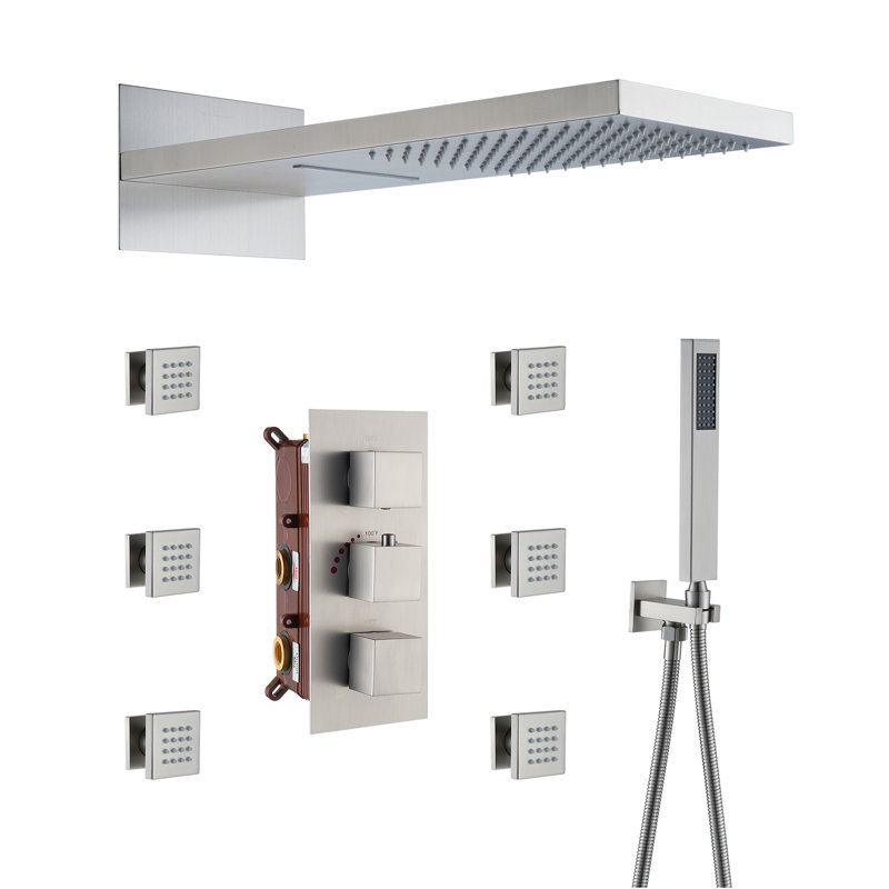  Rainier 4-Function 22" Wall Mounted Thermostatic Complete Shower System with 6 Body Jets and Rough in-Valve, Brushed Nickel