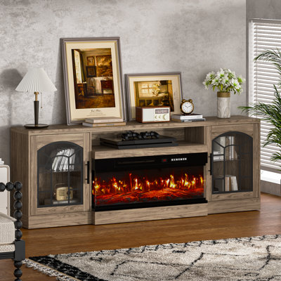 Meuble télé 70 po, meuble télé avec foyer électrique en verre à 3 côtés, 36 po avec foyer gris pour salon