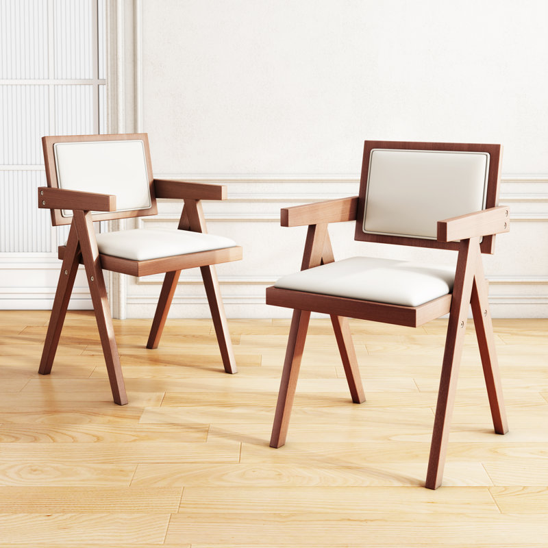 Walnut Dining Chair, White Faux Leather, Set Of 2