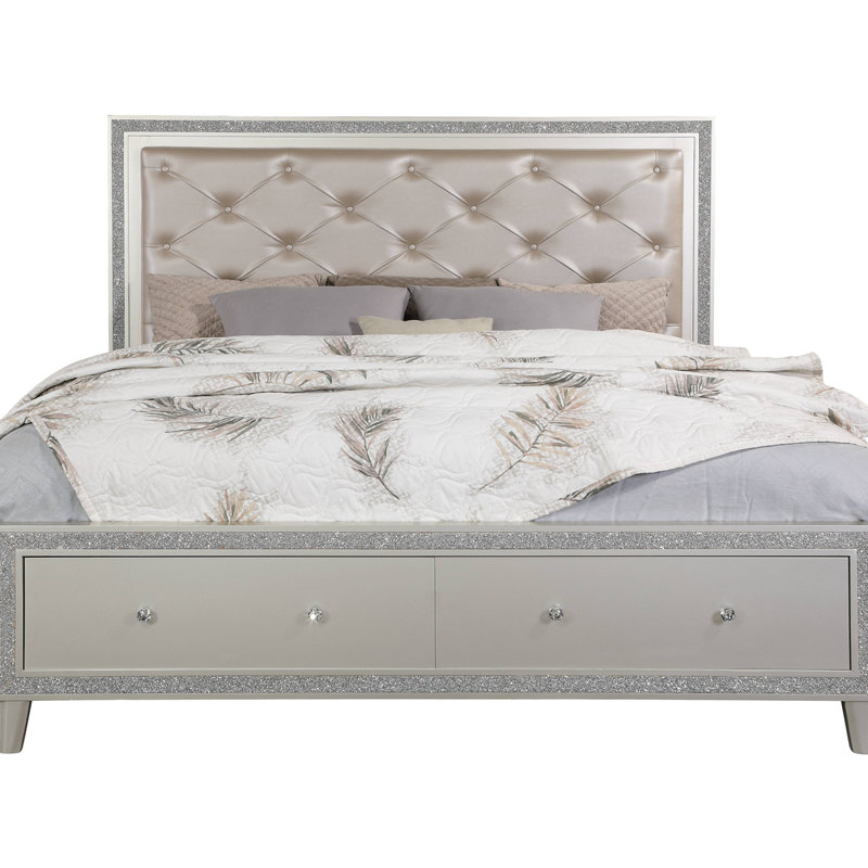 Lit à DEL avec 2 tiroirs et structure en bois Alapaha, Grand, Beige