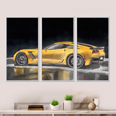 " A Yellow Sport Car With Its Shadow " 3 - Pieces