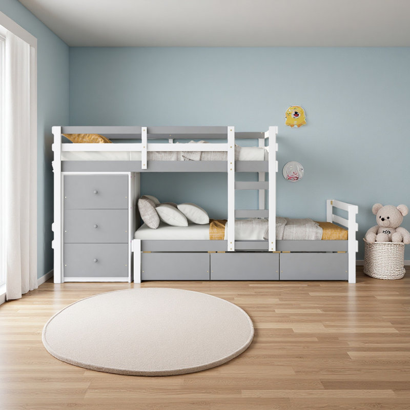 Lit superposé simple au dessus d'un lit simple avec tiroirs et échelle, Gris