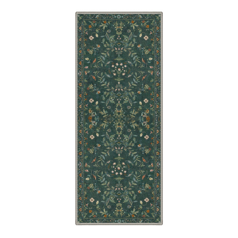 Tapis intérieur vert forêt lavable à la machine avec envers antidérapant Aasen, Tapis de couloir de 2 pi x 7 pi
