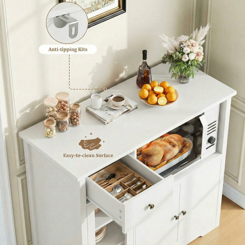 35.4" Wide  Kitchen Pantry, Food Pantry wih Cupboard, Drawer, and Microwave Cube, White