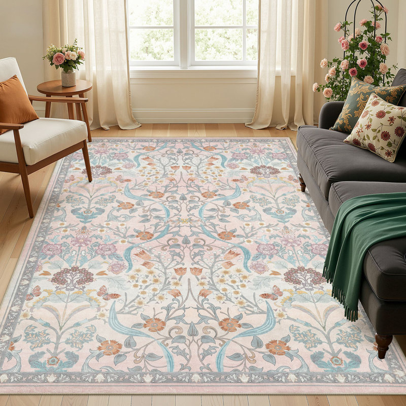 Farmhouse Floral  Area Rug Washable with Non-Slip for Playroom Living Room Bedroom -Pink, Rectangle 6' x 9', Pink