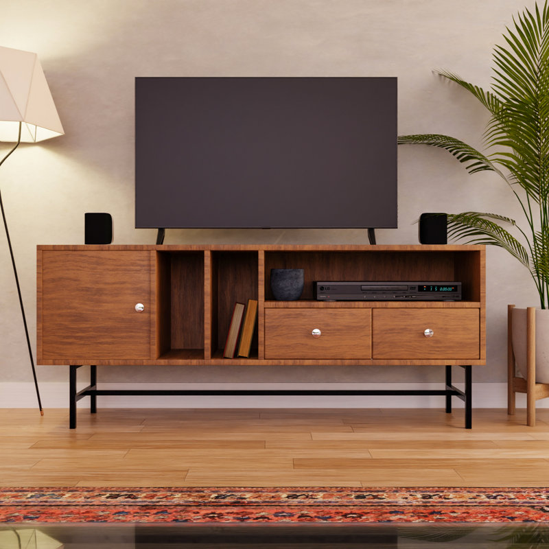 Talos 2‑Drawer 4‑Shelf TV Stand Credenza with Iron Legs – Mid‑Century Modern Media Console & Entertainment Center for 60–65″ TVs
