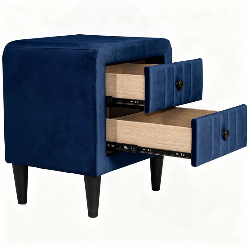 Table de chevet rembourrée en velours bleu marine à 2 tiroirs, table de chevet moderne avec rangement, table de bout élégante, 20 po