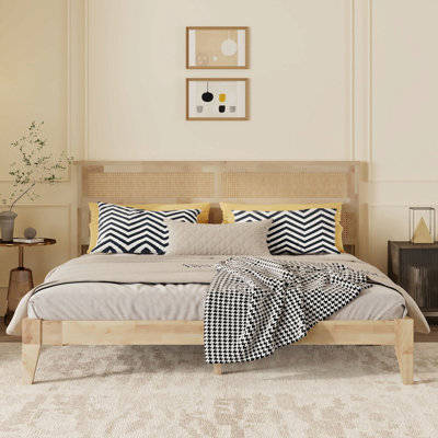 Solid Wood Bed With Rattan Headboard,Rubber Wood Bed With Central Support Beams And Enhanced Feet