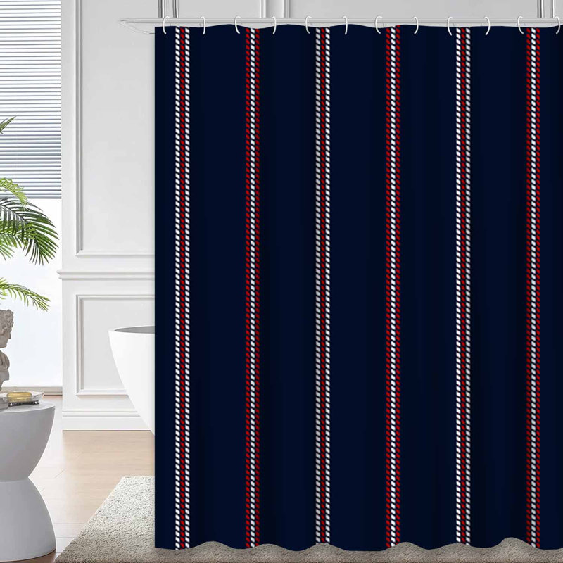 Rideau de douche rayé bleu rouge, blanc et bleu marine avec 12 crochets, L 72 po x l 84 po
