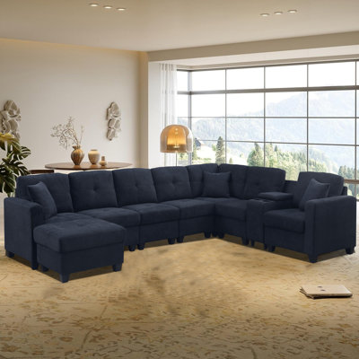 L-shaped Sectional Sofa with Ottoman Cup Holder  USB Type-C Port Storage Box Dark Blue Couch