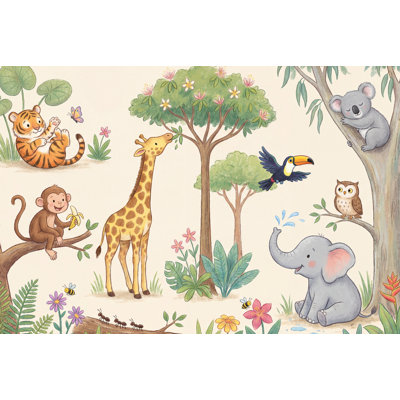 Animaux de la jungle, fond d'écran, aquarelle, illustration, mignon, safari, décoration murale amovible