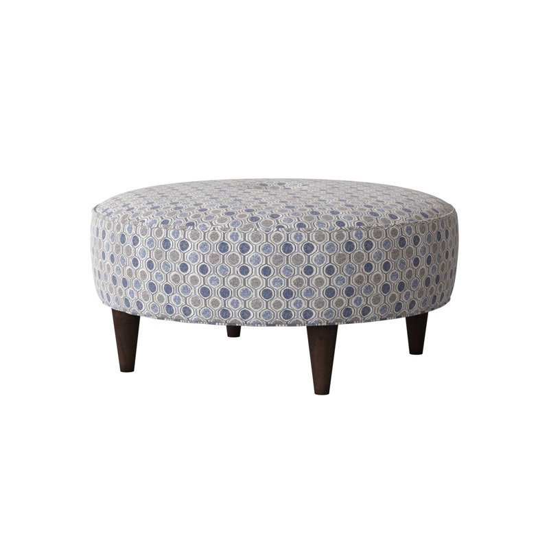 Repose-pieds capitonné rond 38 po Odon, Bleu fumé performance multicolore, Bouleau couleur miel