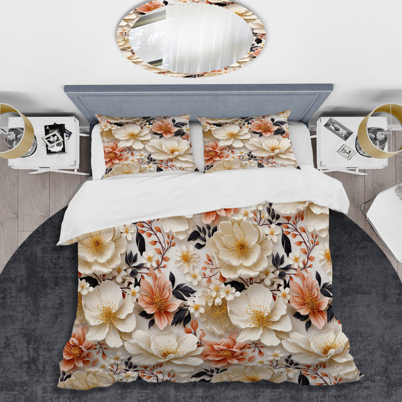 Ensemble de housse de couette en microfibre blanc / orange Ivory Poppies Playful Blossoms I