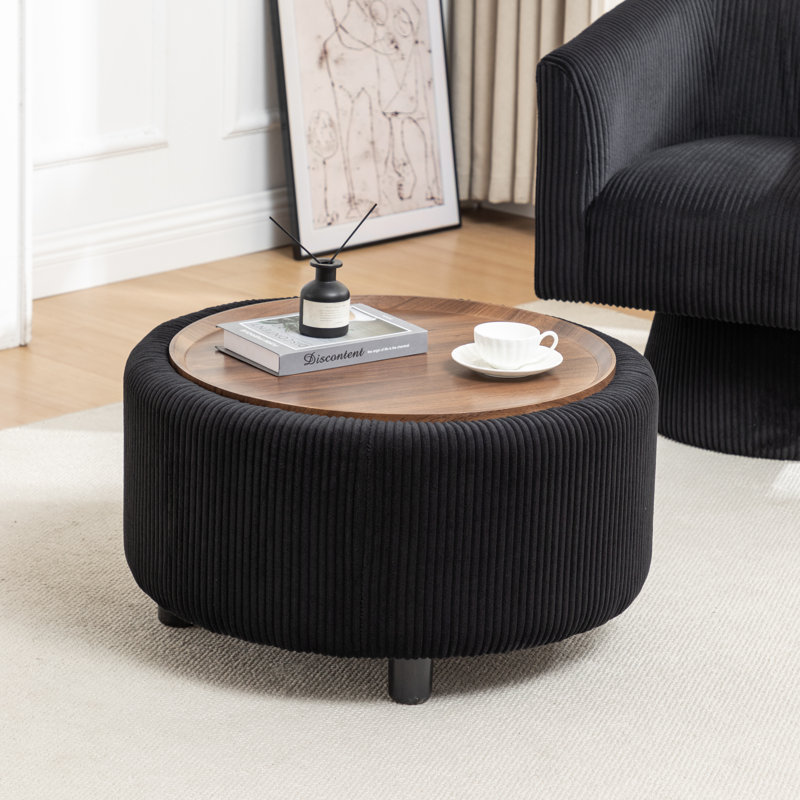 Table basse ronde avec rangement Pietsch, Velours côtelé noir