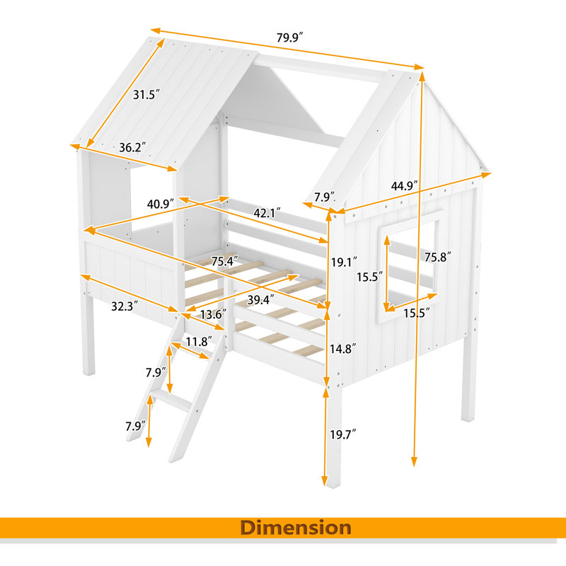 Lit mezzanine simple en bois avec deux fenêtres latérales, Blanc