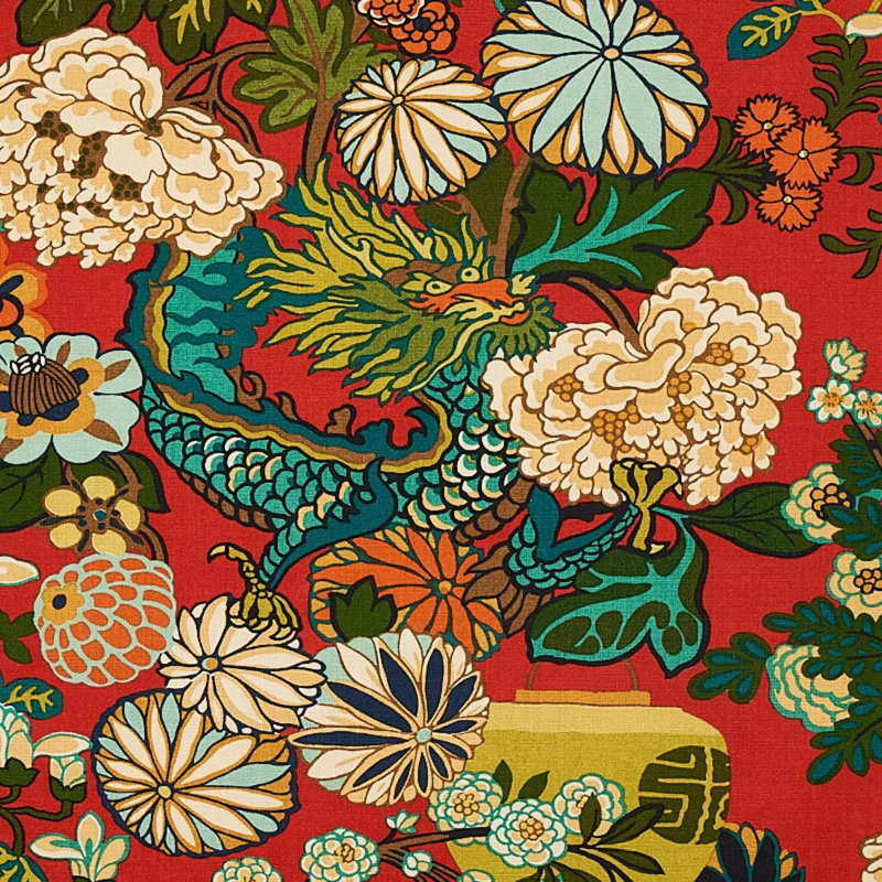 Chiang Mai Dragon fabric in Lacquer red with a multi-colored dragon, floral, and vessel chinoiserie print.