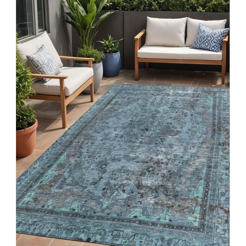 Tapis intérieur / extérieur 5 pi x 8 pi bleu et gris lavable