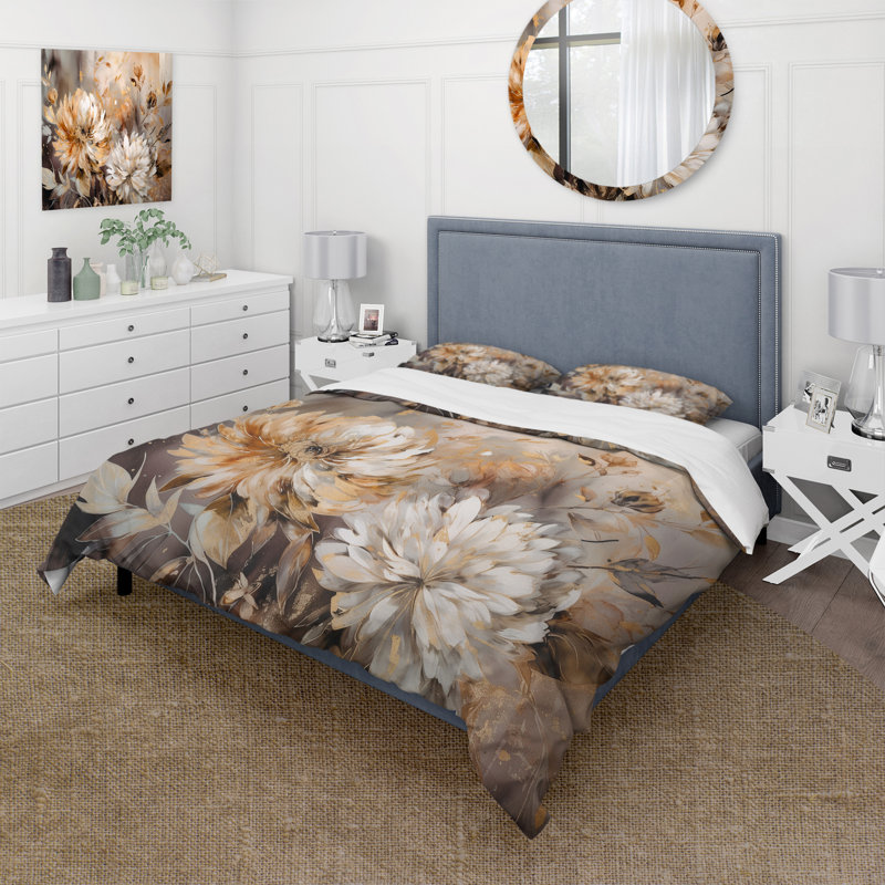 Ensemble de housse de couette en microfibre / polyester doré et blanc, Housse de couette pour grand lit et 2 taies décor