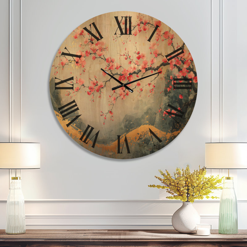 Grande horloge murale en bois à imprimé botanique - paysage de cerisier rose du Japon II, Oversized